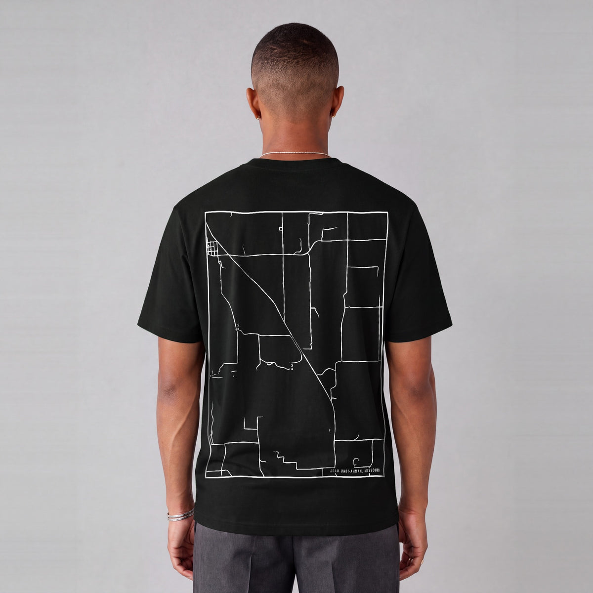 Adam-ondi-Ahman map tee, back print on model - Black