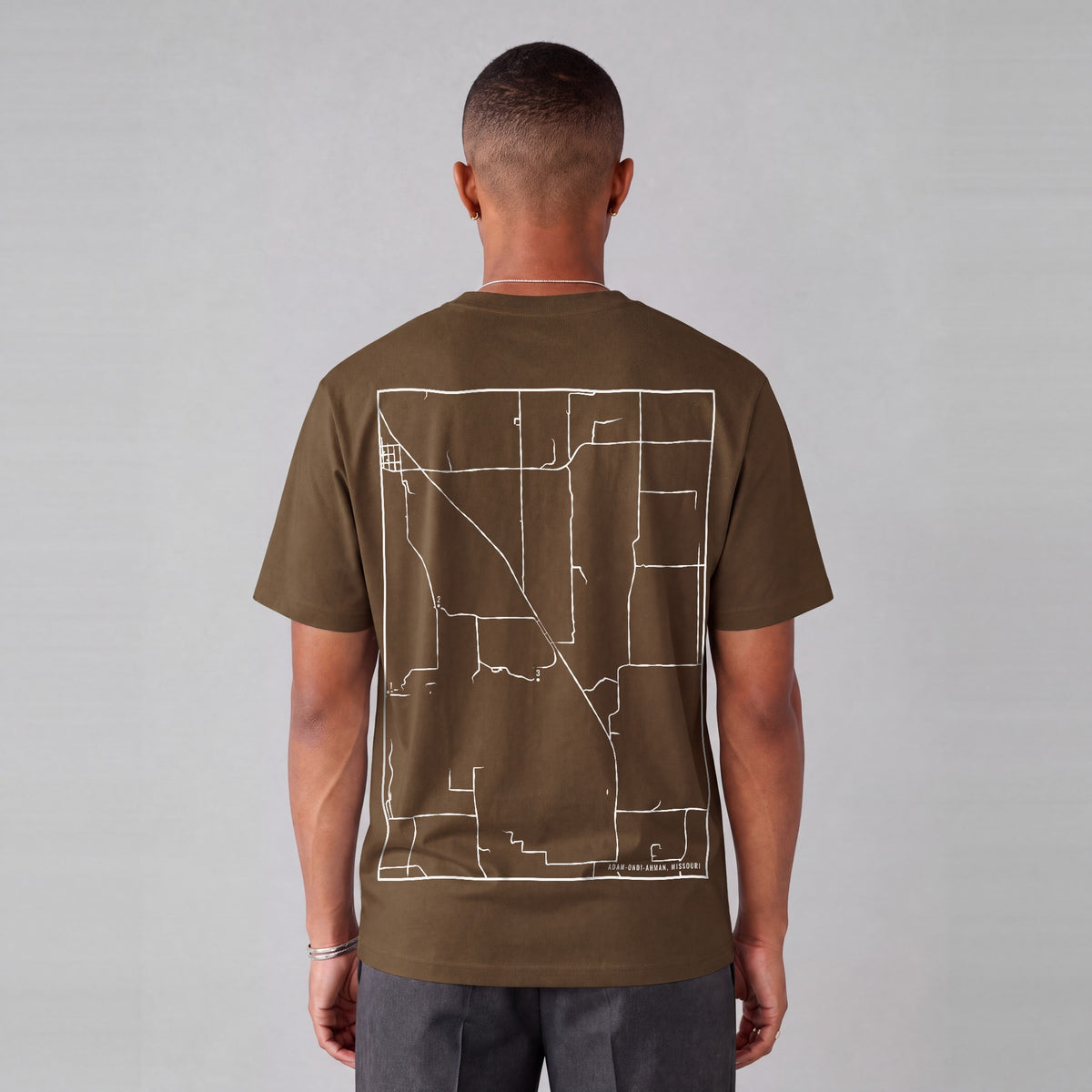 Adam-ondi-Ahman map tee, back print on model - Coffee