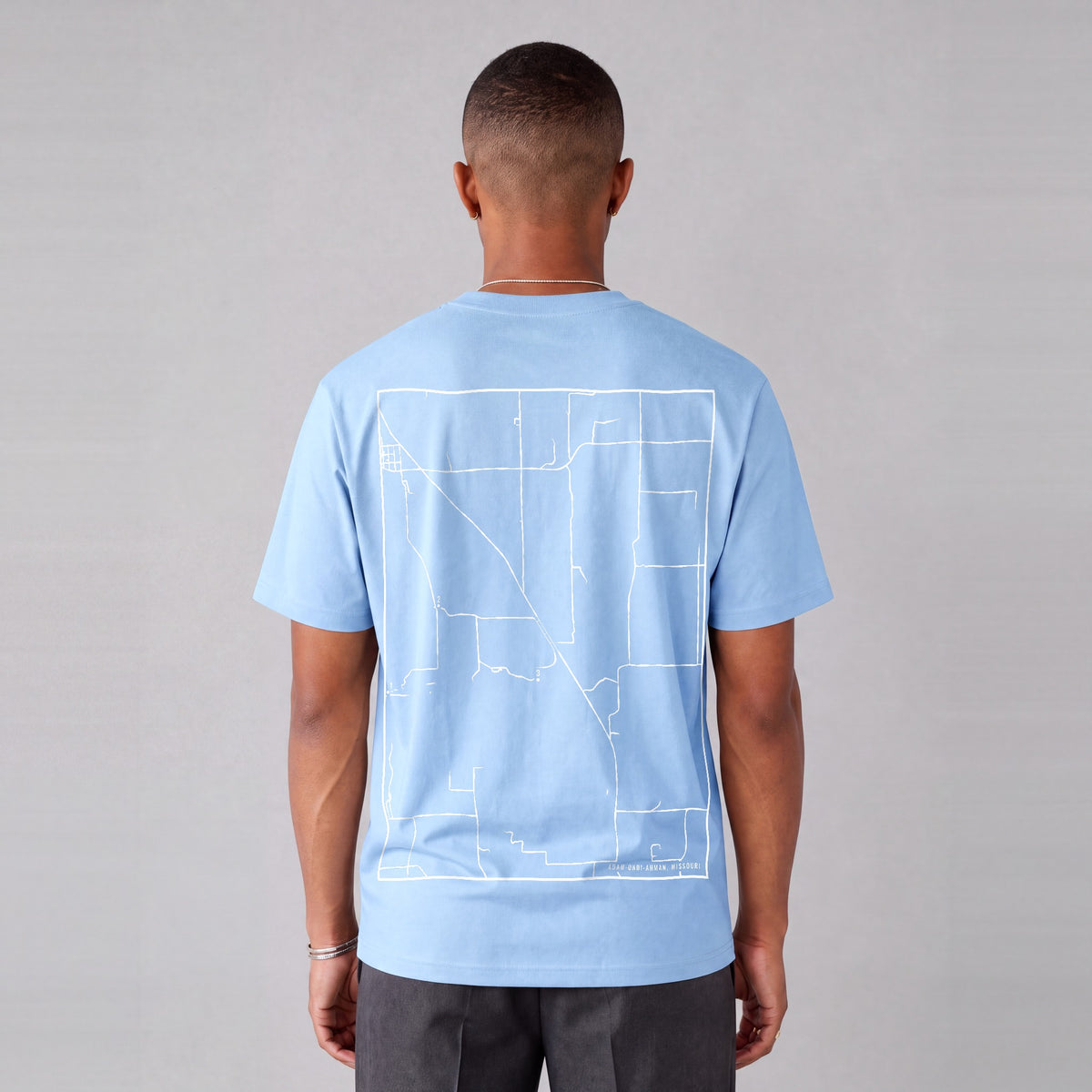 Adam-ondi-Ahman map tee, back print on model - Light Blue