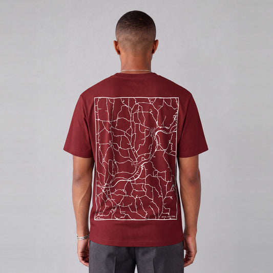 Afton map tee, back print on model - Maroon
