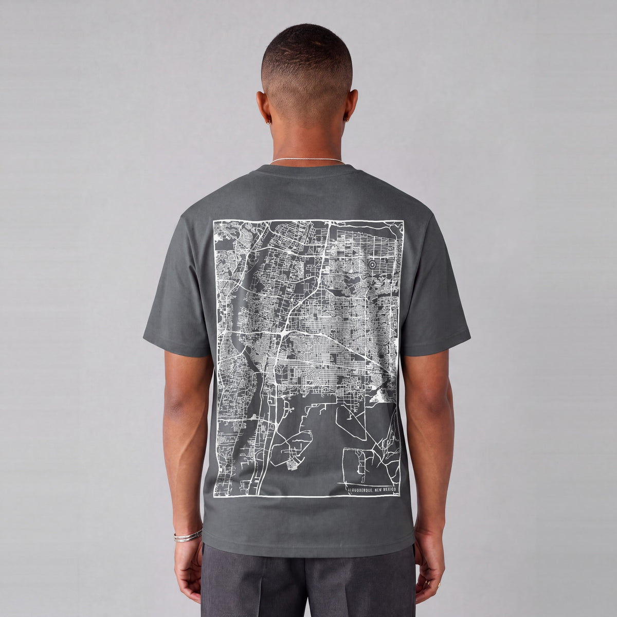 Albuquerque map tee, back print on model - Charcoal