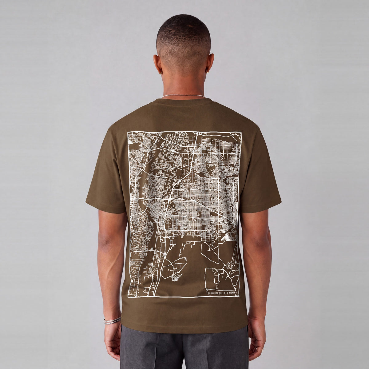 Albuquerque map tee, back print on model - Coffee
