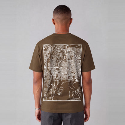 Albuquerque map tee, back print on model - Coffee