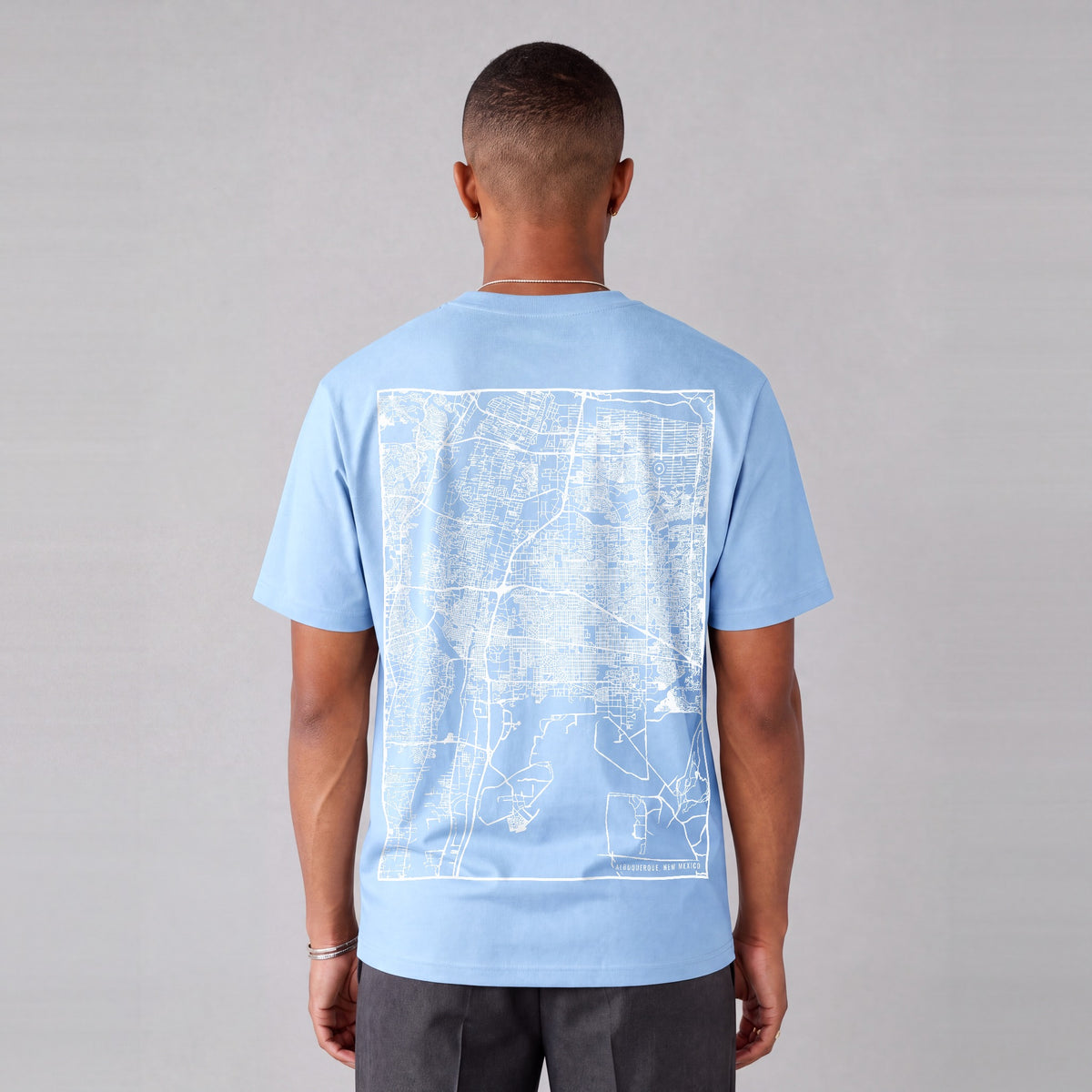 Albuquerque map tee, back print on model - Light Blue