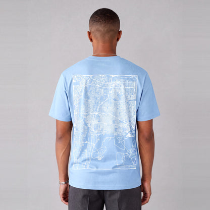 Albuquerque map tee, back print on model - Light Blue