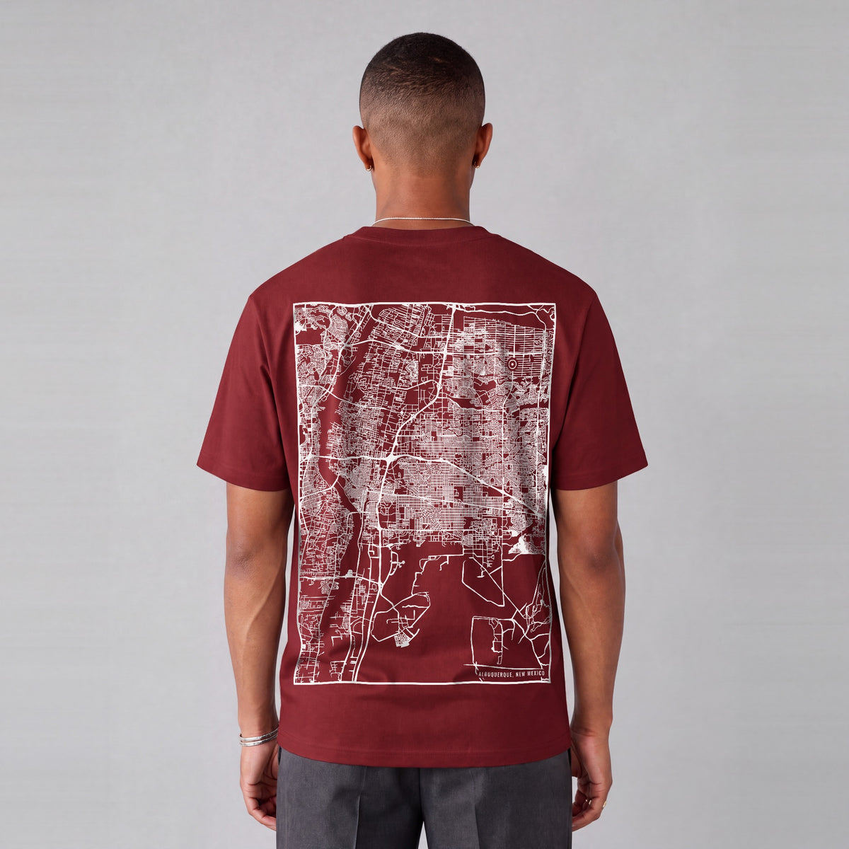 Albuquerque map tee, back print on model - Maroon