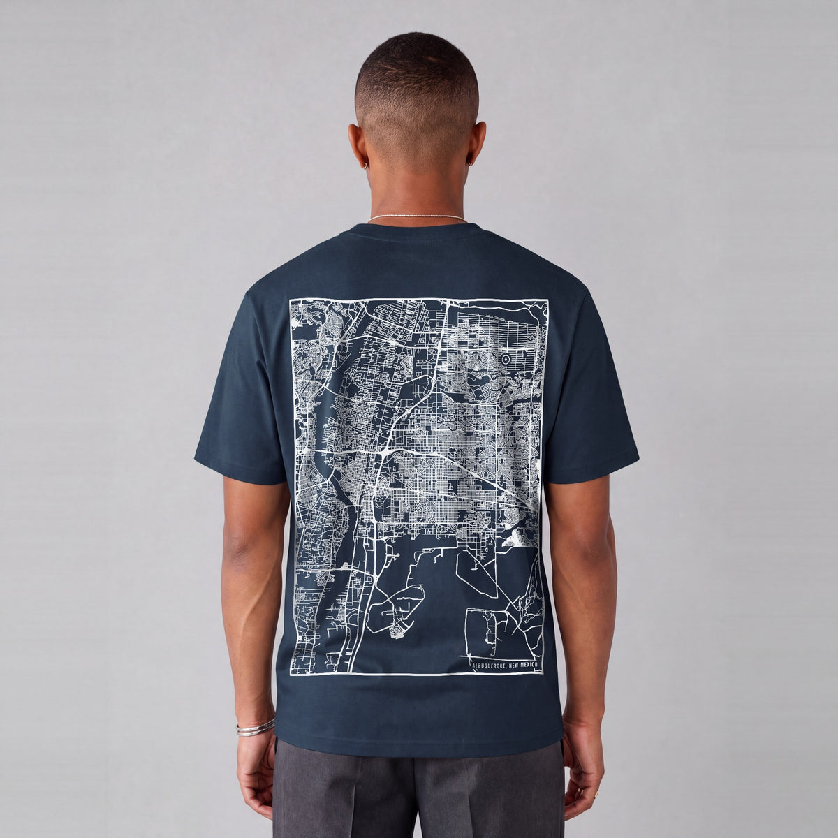 Albuquerque map tee, back print on model - Navy Blue