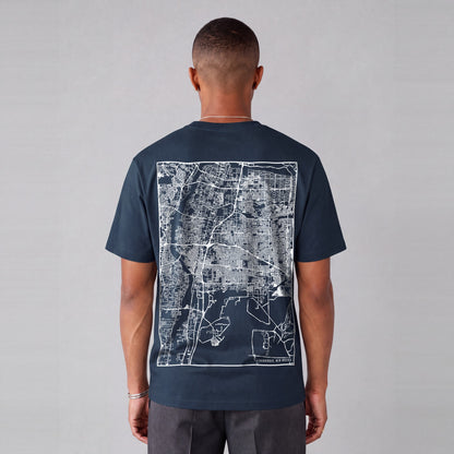 Albuquerque map tee, back print on model - Navy Blue
