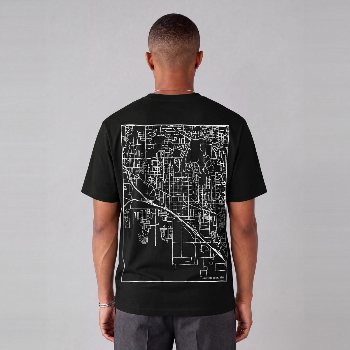 American Fork map tee, back print on model - Black