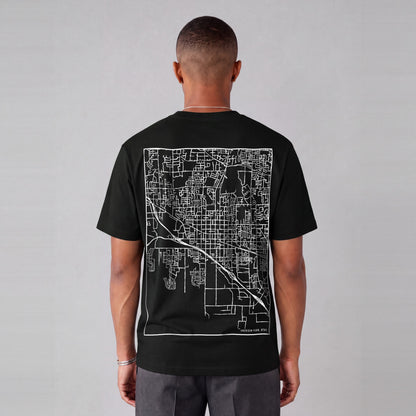 American Fork map tee, back print on model - Black