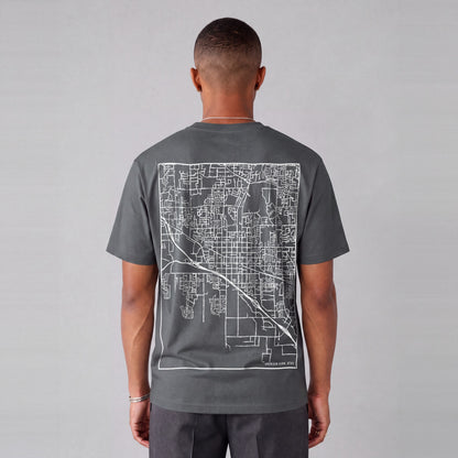 American Fork map tee, back print on model - Charcoal