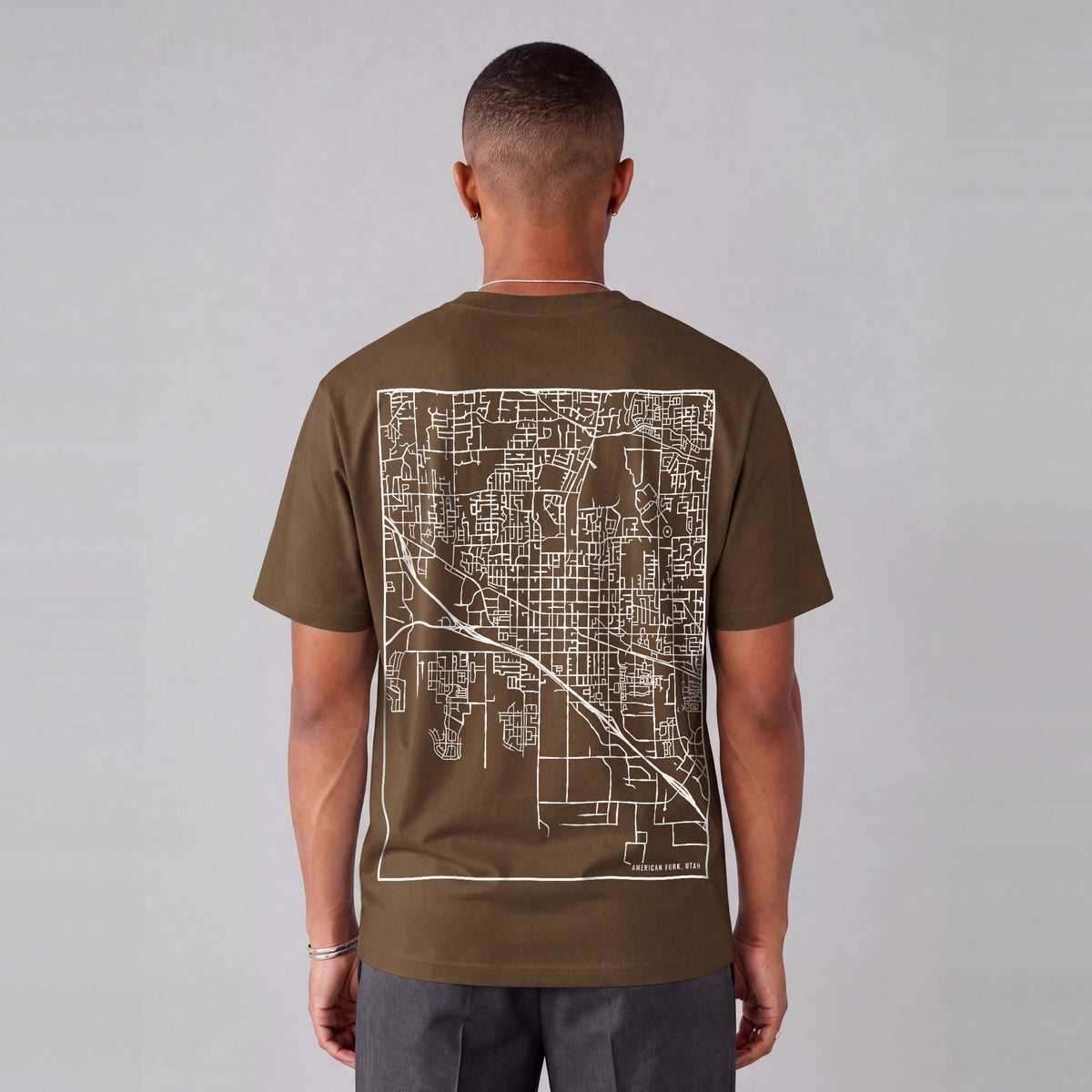 American Fork map tee, back print on model - Coffee