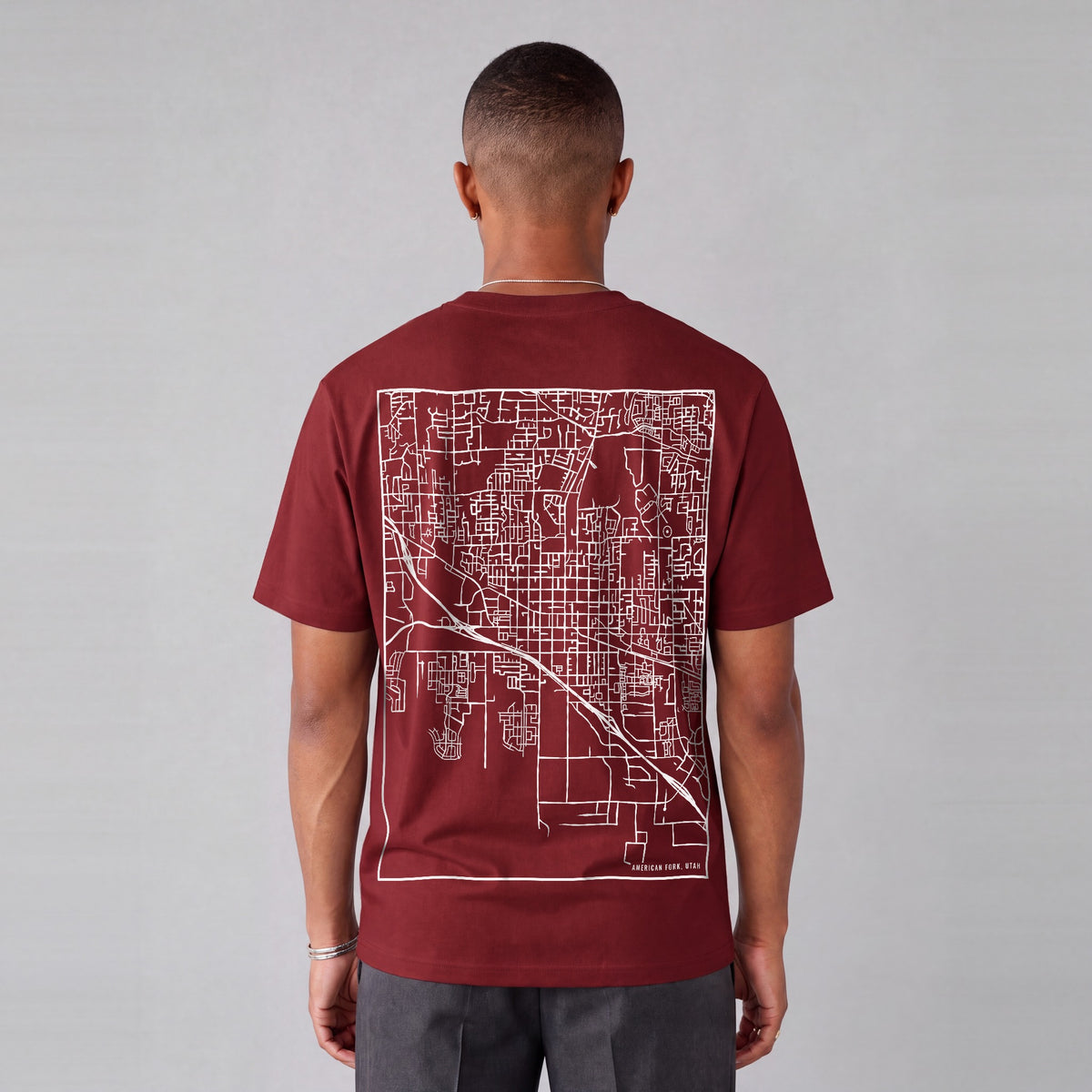 American Fork map tee, back print on model - Maroon