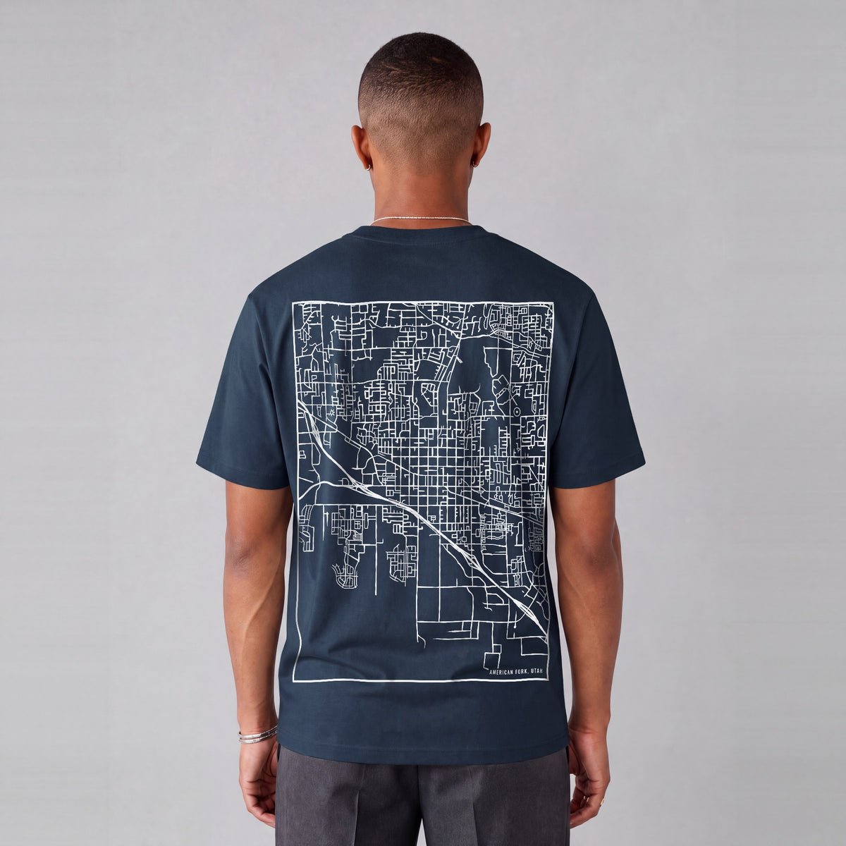 American Fork map tee, back print on model - Navy Blue