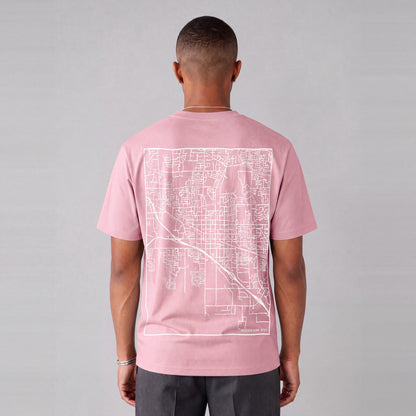 American Fork map tee, back print on model - Pink
