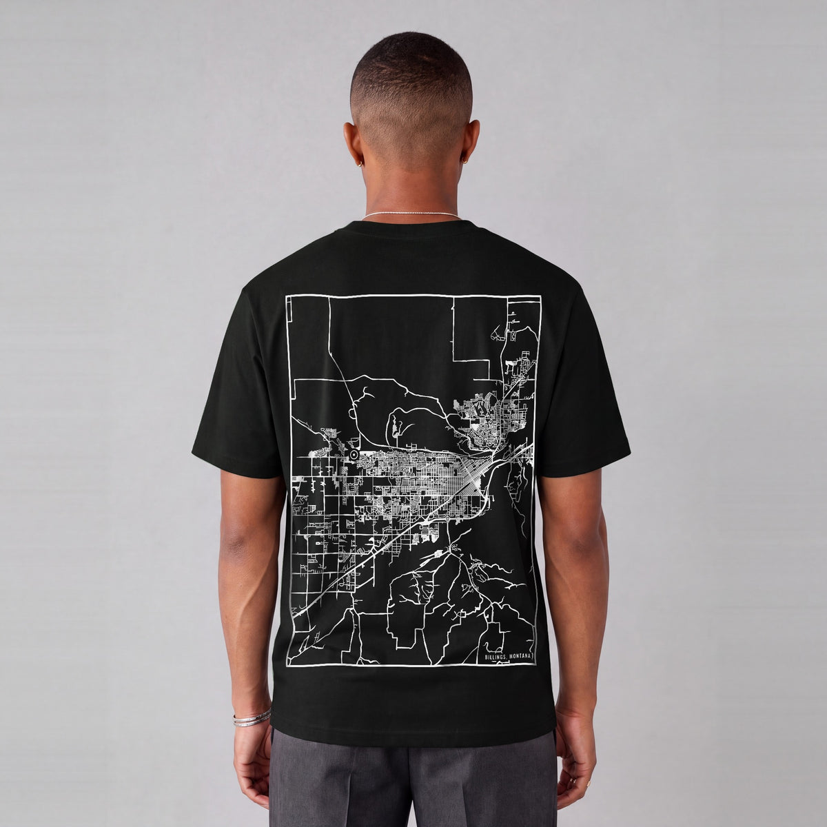 Billings map tee, back print on model - Black