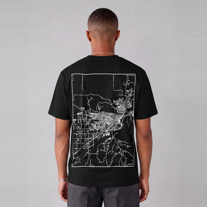 Billings map tee, back print on model - Black