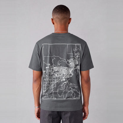 Billings map tee, back print on model - Charcoal