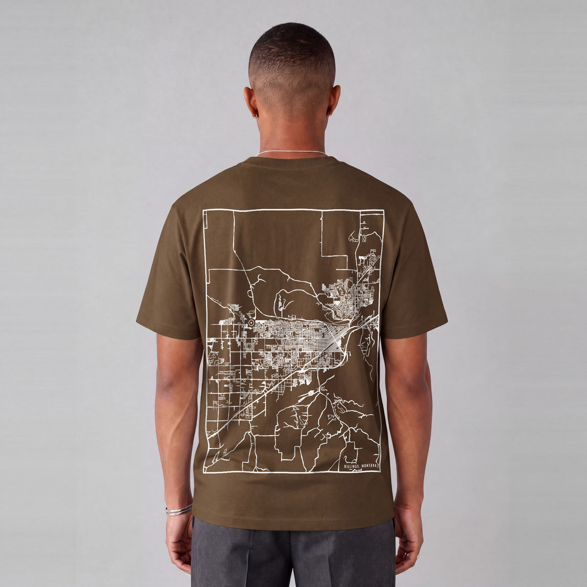 Billings map tee, back print on model - Coffee