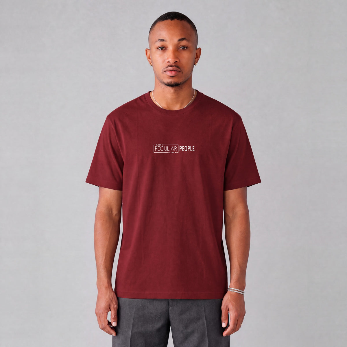 Billings map tee, front logo on model - Maroon