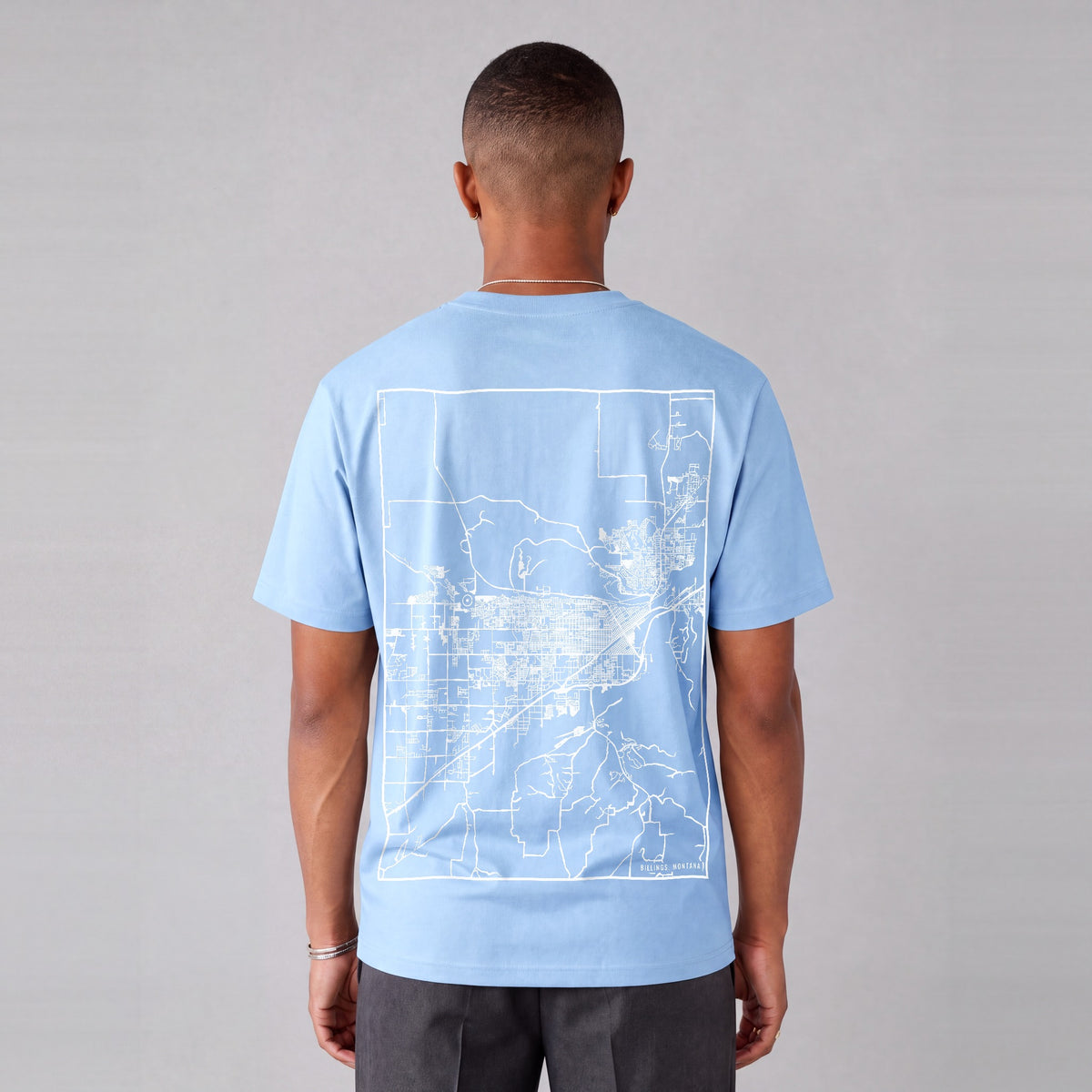 Billings map tee, back print on model - Light Blue