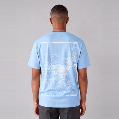 Billings map tee, back print on model - Light Blue