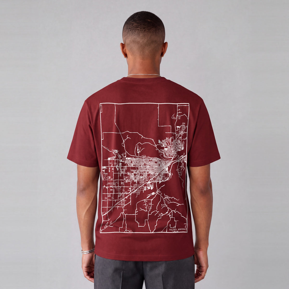 Billings map tee, back print on model - Maroon