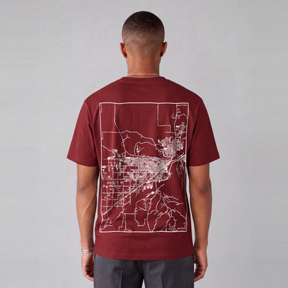 Billings map tee, back print on model - Maroon