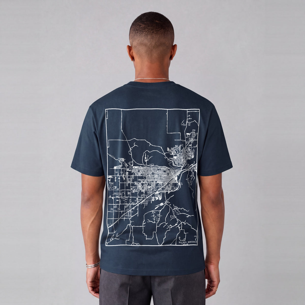 Billings map tee, back print on model - Navy Blue