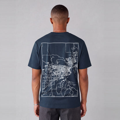 Billings map tee, back print on model - Navy Blue