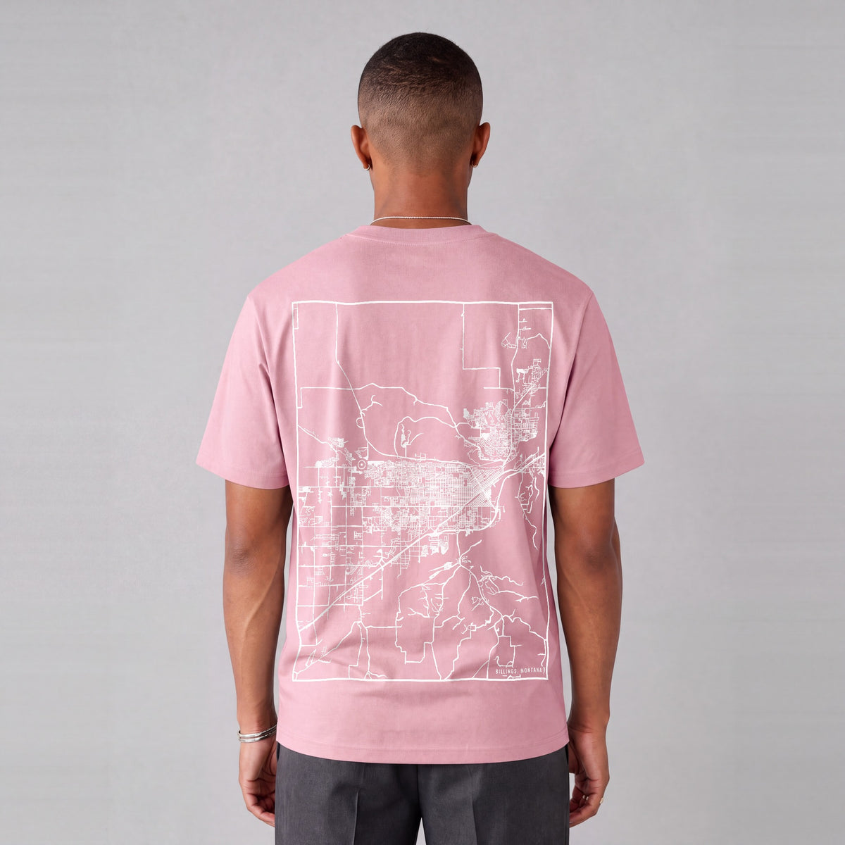 Billings map tee, back print on model - Pink