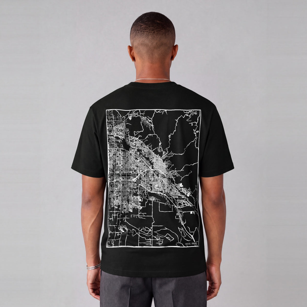 Boise map tee, back print on model - Black