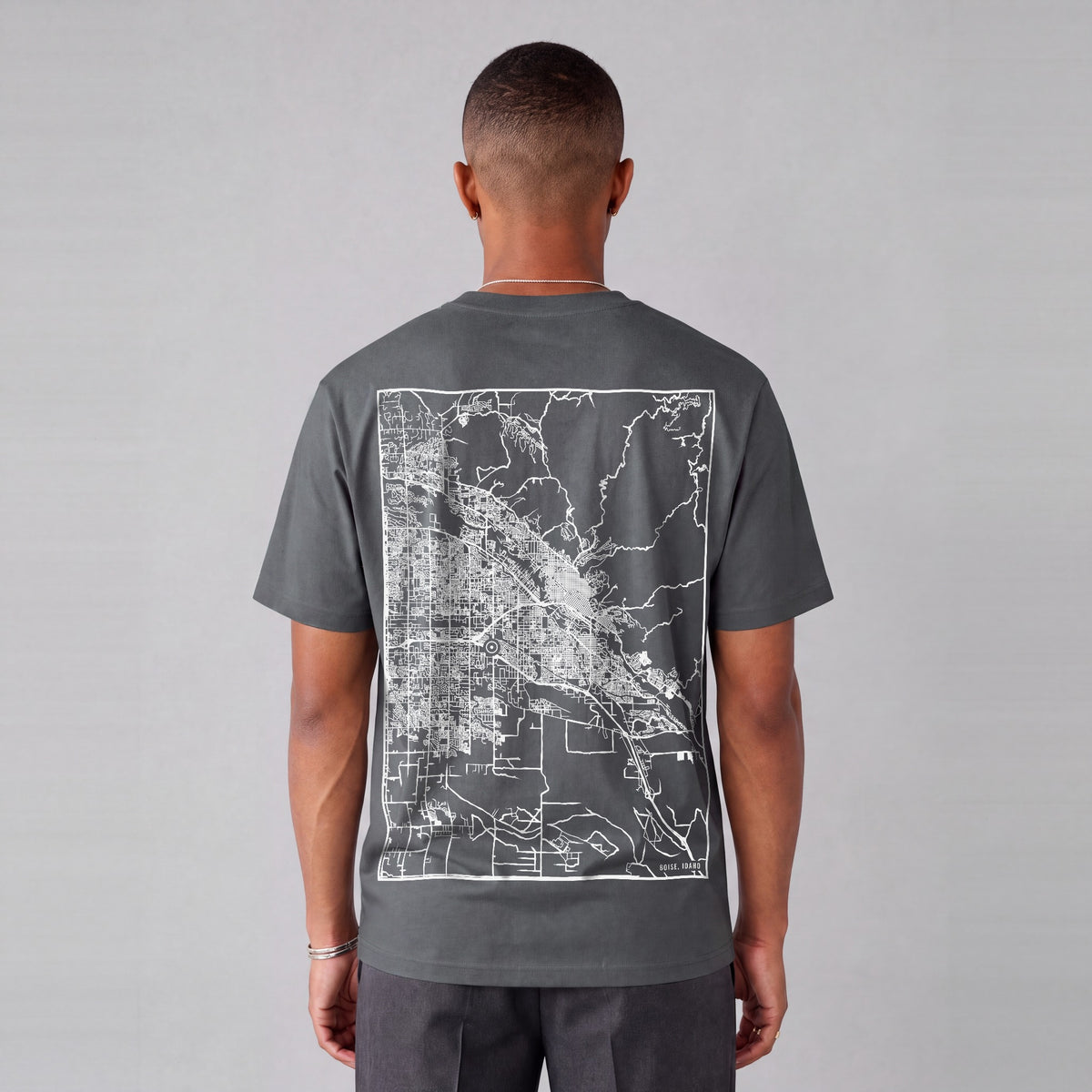 Boise map tee, back print on model - Charcoal