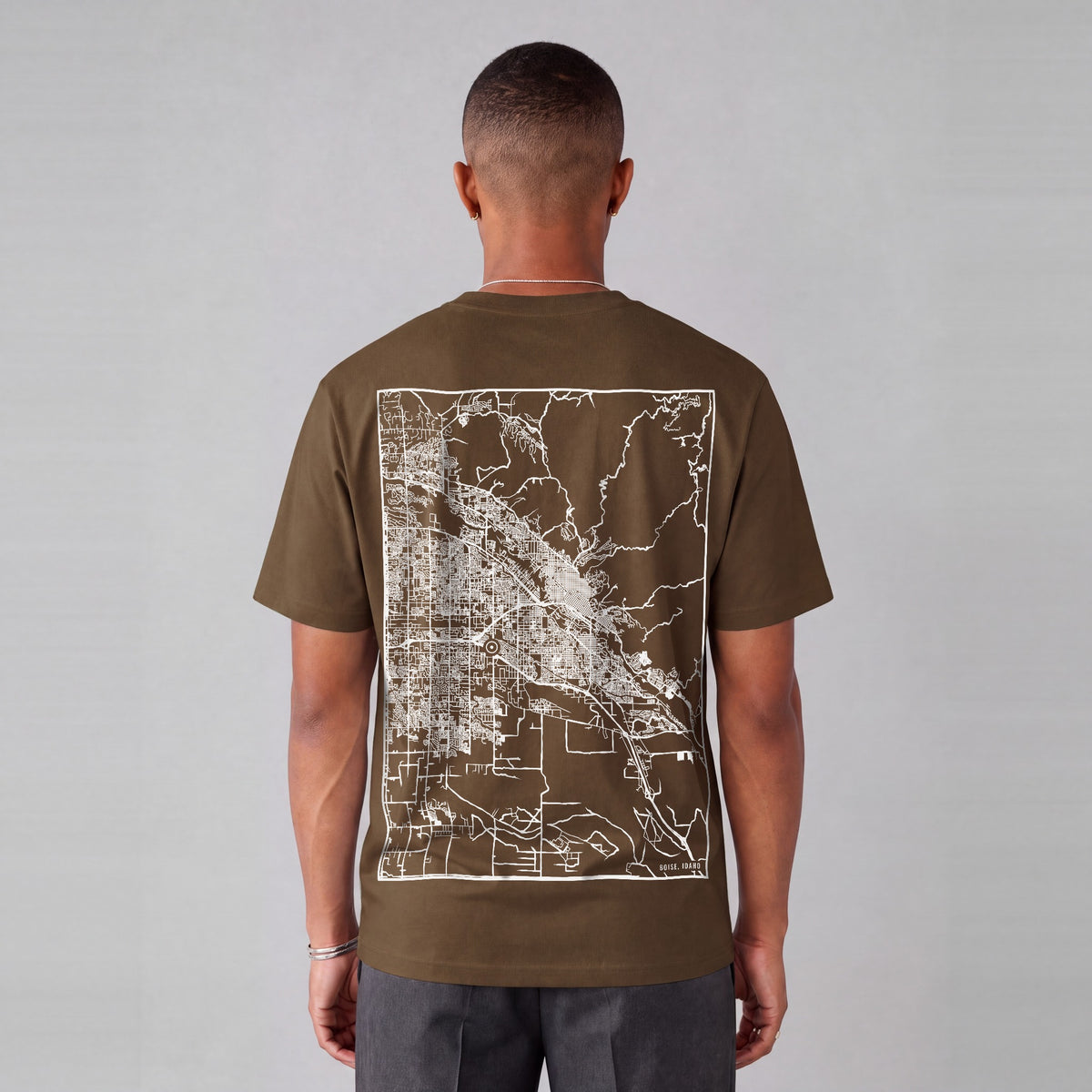 Boise map tee, back print on model - Coffee