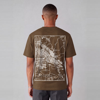 Boise map tee, back print on model - Coffee