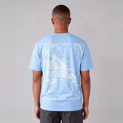Boise map tee, back print on model - Light Blue