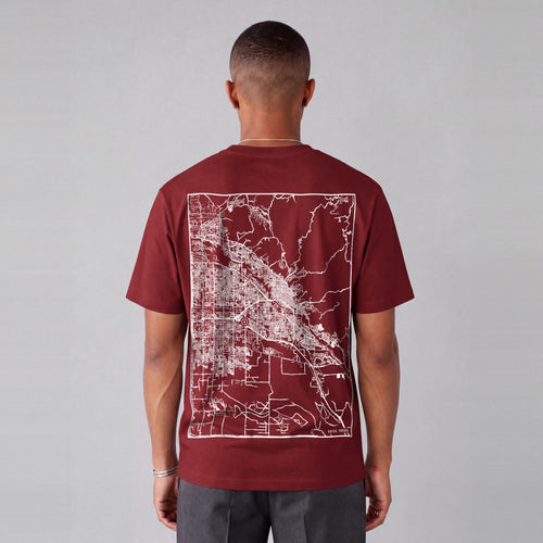 Boise map tee, back print on model - Maroon