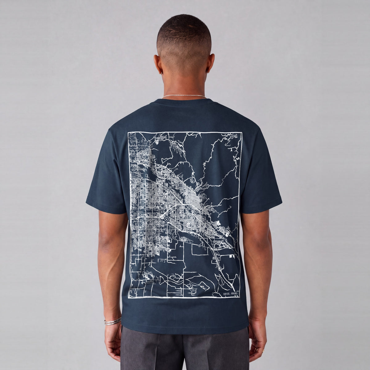 Boise map tee, back print on model - Navy Blue