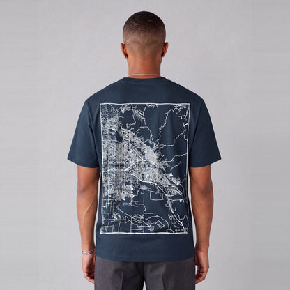 Boise map tee, back print on model - Navy Blue