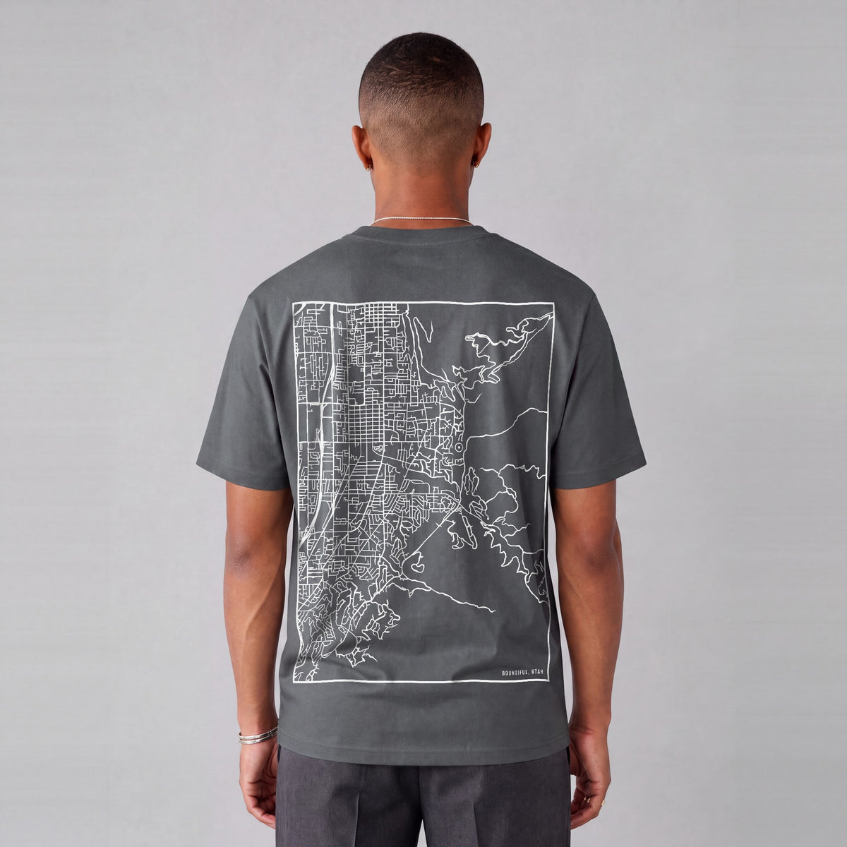 Bountiful map tee, back print on model - Charcoal