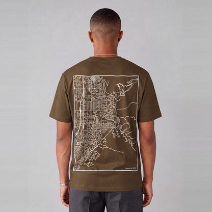 Bountiful map tee, back print on model - Coffee
