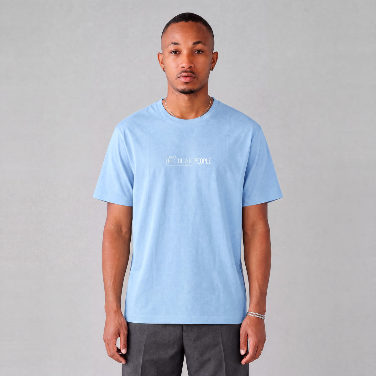 Bountiful map tee, front logo on model - Light Blue