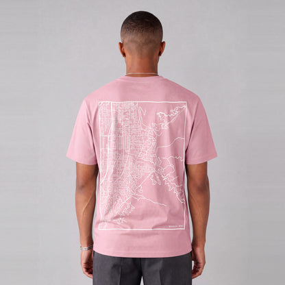 Bountiful map tee, back print on model - Pink