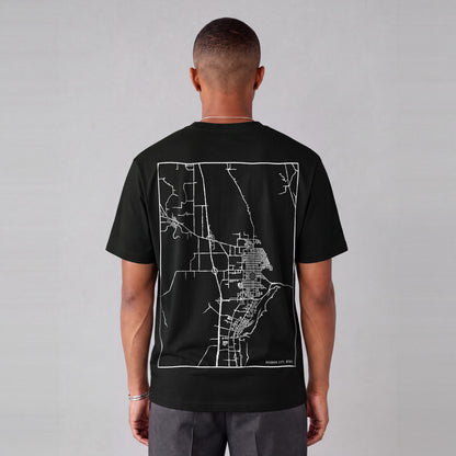 Brigham City map tee, back print on model - Black