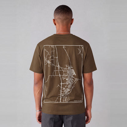 Brigham City map tee, back print on model - Coffee