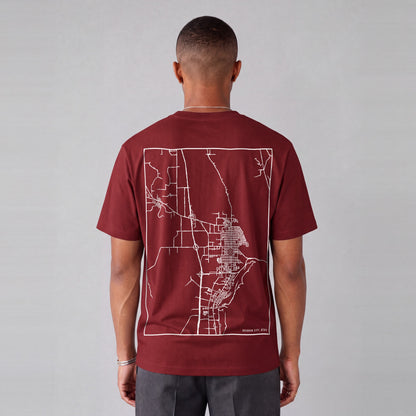 Brigham City map tee, back print on model - Maroon