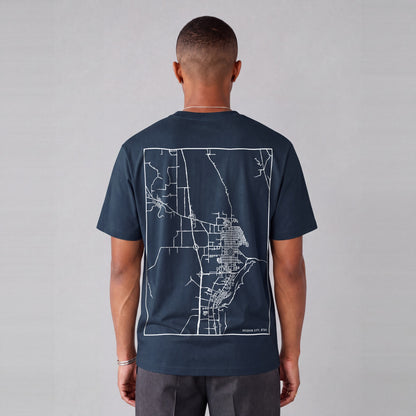 Brigham City map tee, back print on model - Navy Blue