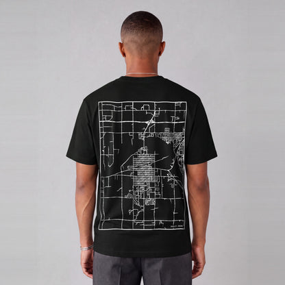 Burley map tee, back print on model - Black