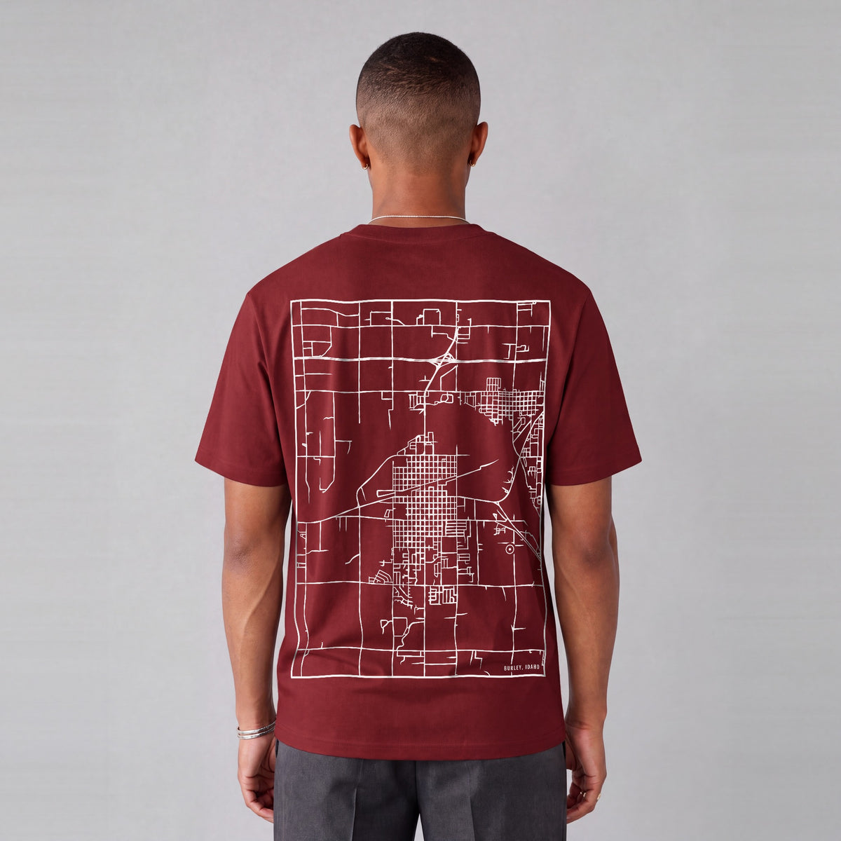 Burley map tee, back print on model - Maroon