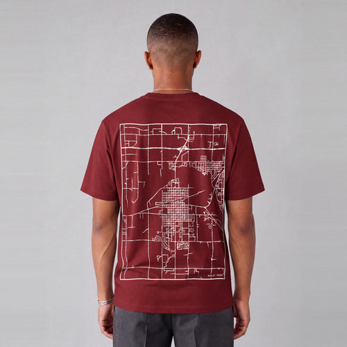 Burley map tee, back print on model - Maroon